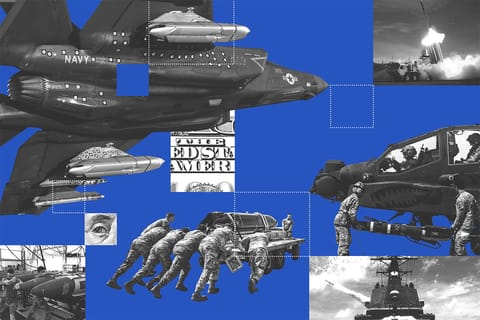 Collage of f-35 fighter jet, money, airmen pushing a missile, a hellfire missile going to an Apache helicopter, a THAAD interceptor being launched, a ship firing a missile, and missiles being assembled.
