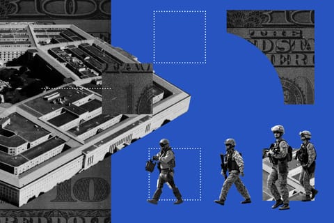 Photo collage. U.S. soldiers and pilots walk towards a Pentagon building that is deconstructed into empty shapes and shapes filled with hundred dollar bills.