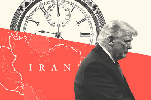 Collage of U.S. President Donald Trump, a map of Iran and a clock.