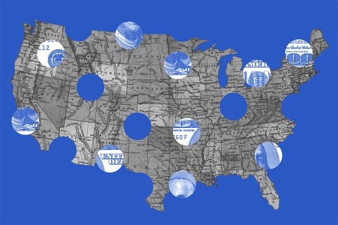 Collage of the U.S. map with holes, and money clippings.