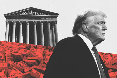 Collage of U.S. President Donald Trump, money, and the Supreme Court building.
