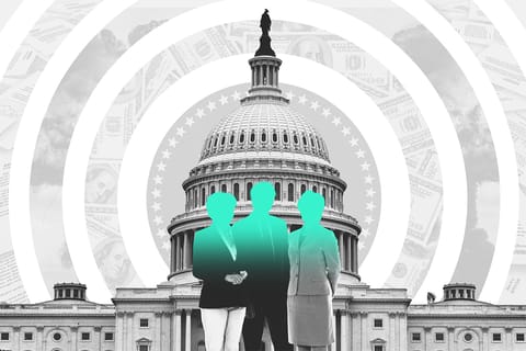 Collage of the Capitol building, a group of people, and concentric circles. The circles contain images of the presidential seal, money, an explosion, and documents.