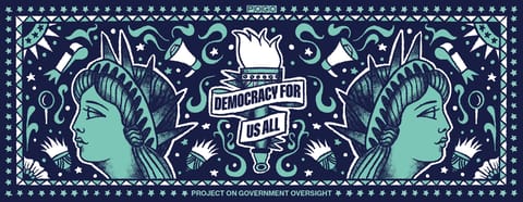 Blue and navy illustration of the Statue of Liberty, the Statue of Liberty's torch, and whistles. There is text in the middle that says "Democracy for us all".