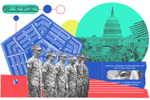 Collage of soldiers in formation, the Pentagon building, and crowds in front of the U.S. Capitol building