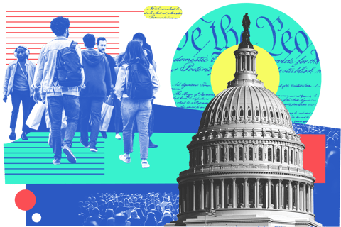 Collage of the U.S. Capitol building, the Constitution, and people going about their day-to-day lives