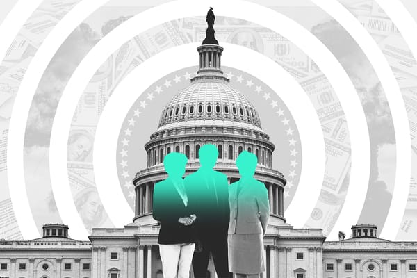 Collage of the Capitol building, a group of people, and concentric circles. The circles contain images of the presidential seal, money, an explosion, and documents.