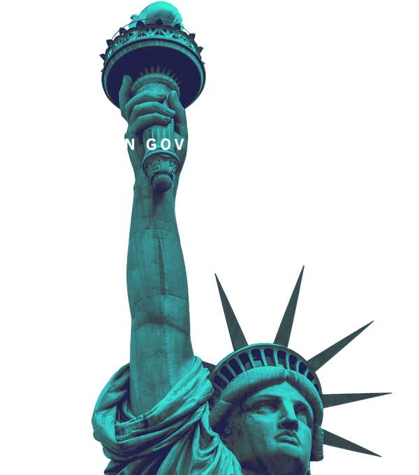 The Statue of Liberty raising her torch in front of the POGO logo