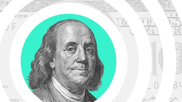 Collage of Benjamin Franklin and concentric circles around him.
