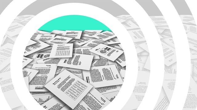 Collage of a pile of documents and concentric circles around them.