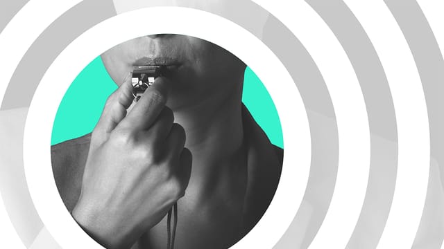 Collage of a woman blowing a whistle and concentric circles around her.