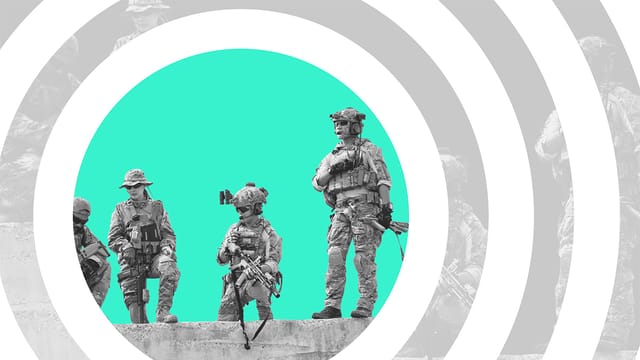Collage of soldiers and concentric circles around it.