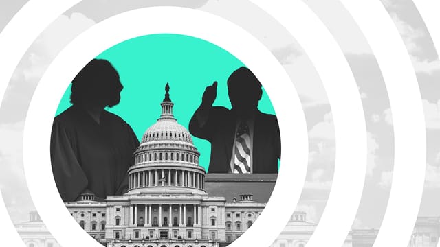 Collage of the Capitol building, a judge, a person speaking at a podium and concentric circles around them.