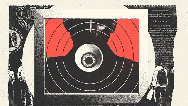 Collage of paper clippings with images of a crowd of people, people walking, the NSA and FBI seals, a document, and a computer. The computer contains images of an obscured man and an eye ball.