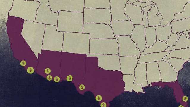 An illustration showing a simplified map of the U.S. Most states are outlined, but the border states of California, New Mexico, Arizona, Texas, and Florida are highlighted in red. Multiple green circles dot along the southern border in those highlighted states with dollar signs within them, suggesting facility locations.