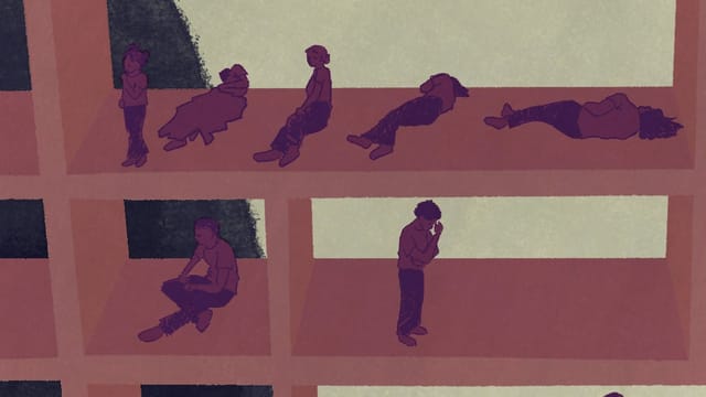 An illustration in faded reds, blues, and purples shows people suffering in detention and separated into rooms. In one room, a child looks lost, while four other people appear in various states of unrestful sleep or illness. In another room, a lone person sits and looks into the middle distance. Another room shows a solitary person holding their head. The last room shows someone sleeping or ill lying on the floor.