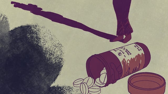 An illustration in faded reds, blues, and purples shows a person in the background casting a long shadow. A prescription medicine bottle spills pills in the foreground. A dark, abstract splash in muted blue encroaches on the left of the canvas.