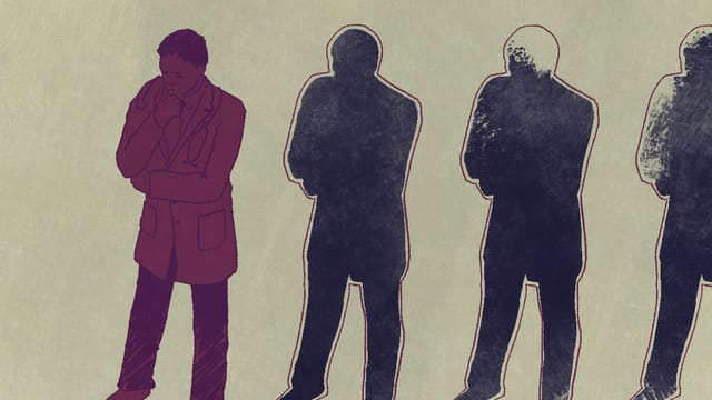 An illustration in faded reds, blues, and purples shows a doctor standing in a worried, pensive pose. Three silhouettes of him repeat to the right, becoming more incomplete as they progress.