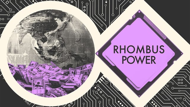 Collage of a globe and a Rhombus Power chip touching each other and connected by an outline and a circuit board.
