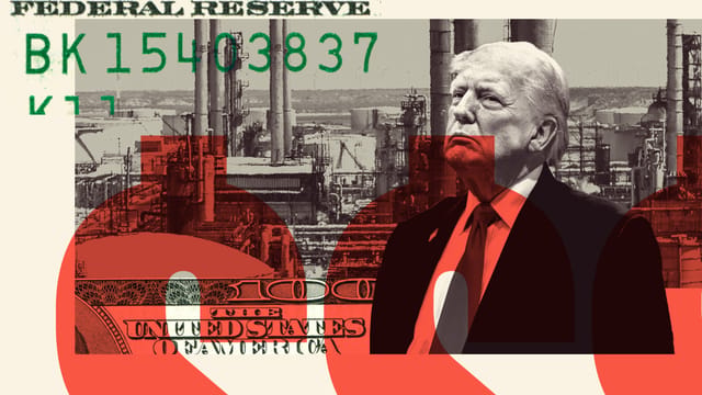 Collage of a Venezuelan petrochemical plant, clippings of hundred dollar bills, U.S. President Donald Trump, and large red dollar signs.