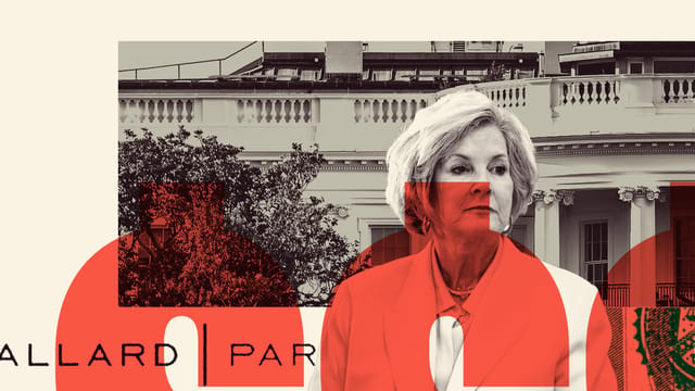 Collage of the White House building, Trump's Chief of Staff Susie Wiles, the Ballard Partners logo, clippings of U.S. hundred dollar bills, and large red dollar signs.