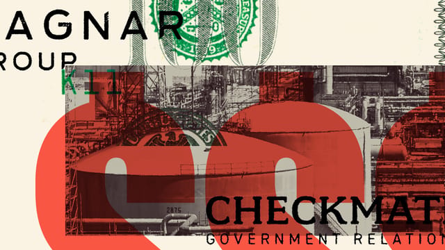 Collage of a Venezuelan petrochemical plant, clippings of U.S. hundred dollar bills, logos of The Ragnar Group and Checkmate Government Relations, and large red dollar signs.