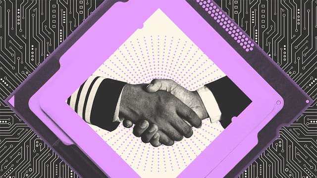 Collage of a handshake seen through a computer chip and a circuit board.