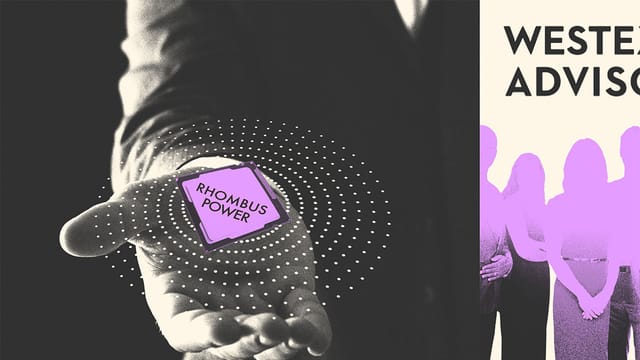Collage of a shadowy figure extending their hand with a Rhombus Power chip on their palm and a group of executives with the WestExec logo behind them.