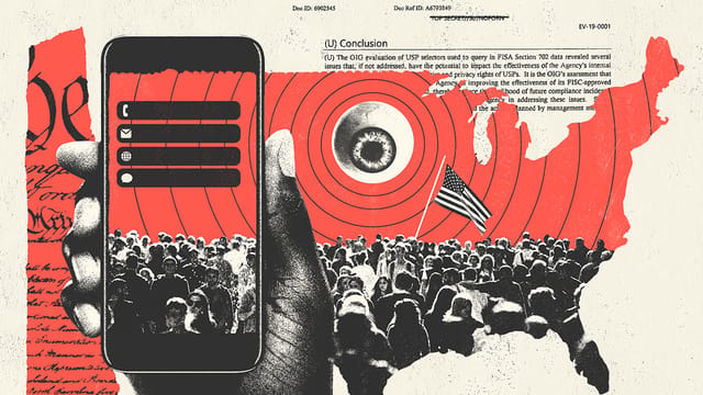 Collage of paper clippings with images of the Constitution, the U.S. map, a crowd of people and a hand holding a phone with push notifications.