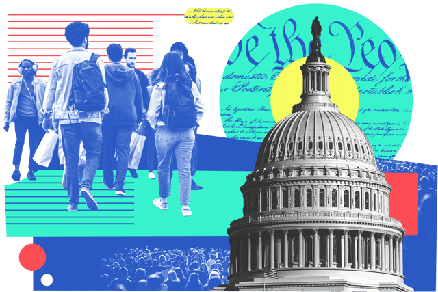 Collage of the U.S. Capitol building, the Constitution, and people going about their day-to-day lives