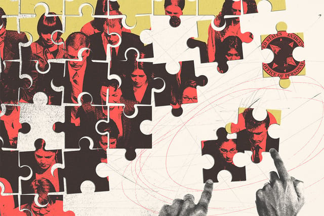 Collage of puzzle showing a group of employees, and two pieces pulled to the side with hands pointing at them.