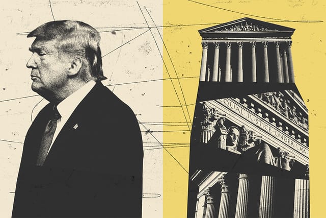 U.S. President Donald Trump facing away from clippings of the Supreme Court building.