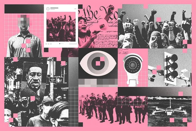 Collage of a menacing eye, protestors with hands raised, riot police, a drone, security cameras, a blurred man's face, a social media post, a protestor holding a megaphone, and the Constitution.