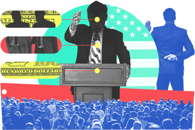 Collage of a man with his fingers crossed behind his back and a man making a speech at a podium