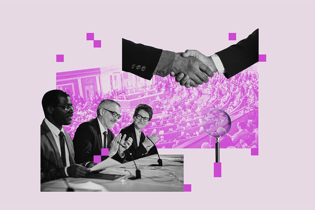 Collage of a three person committee, a handshake, a magnifying glass, and the U.S. House floor.