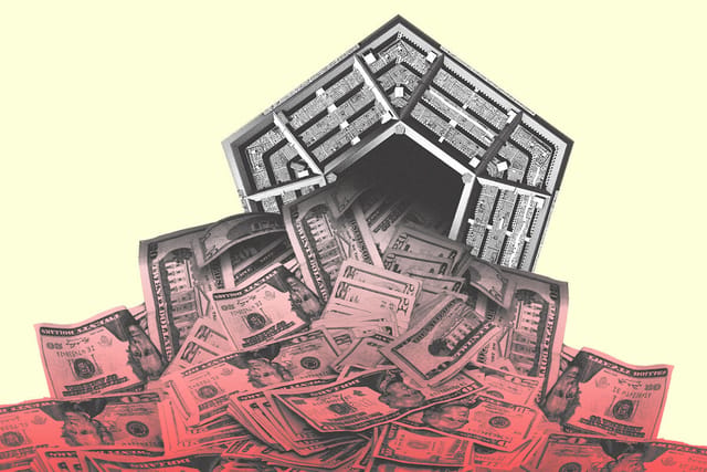 Dozens of dollar bills spill out of the center of the Pentagon building