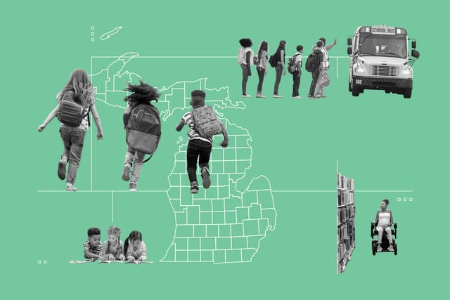 Collage of a Michigan county map, a row of students waiting for a school bus, kids running with backpacks, a group of kids reading, and a girl in a wheelchair browsing a bookshelf.