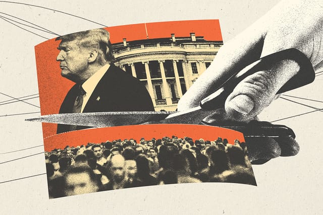Collage of a big hand and scissors cutting a photo in half. Top half: U.S. President Donald Trump and the White House. Bottom: A crowd of people.