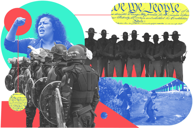 Collage of U.S. Capitol Police, Customs and Border Protection officials, and the Constitution