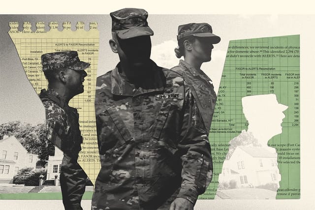 Collage of two U.S. Army soldiers, documents, and a row of neighborhood houses.