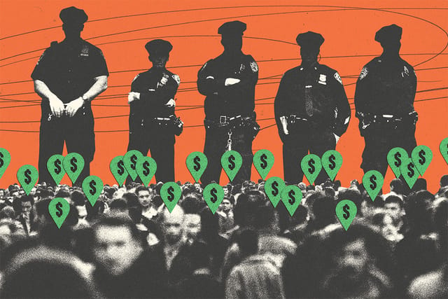 Collage of a large crowd with location markers and dollar signs on their heads and a looming group of police officers.