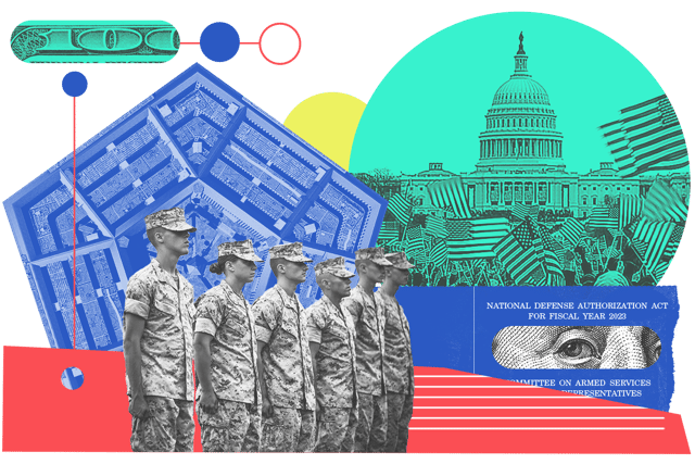 Collage of soldiers in formation, the Pentagon building, and crowds in front of the U.S. Capitol building