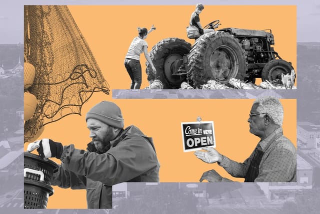 A collage shows a fishing trawler deckhand, a small business owner, a couple working on a tractor, and an aerial view of a small town.