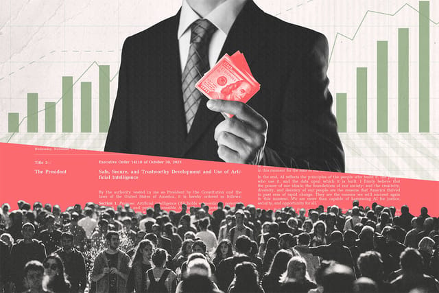 Collage of a crowd of people, Executive Order No. 14110, a suited man holding money, bar charts, and line graphs.
