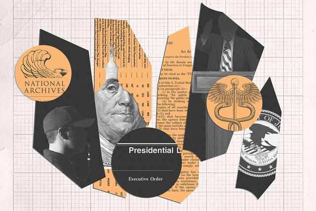 Collage: paper clippings of the National Archives logo, a man blowing a whistle, money, an executive order, the FOIA Improvement Act of 2016, a politician on a podium, the
Caduceus, and the DOJ seal.