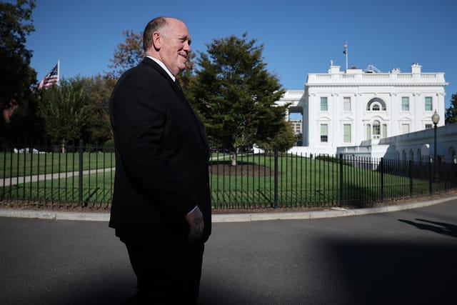 White House "Border Czar" Tom Homan walks toward reporters before answering questions outside the White House on September 8, 2025 in Washington, DC.