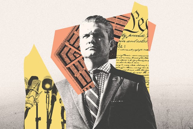 Collage of U.S. Defense Secretary Pete Hegseth, and shapes containing images of the Pentagon, the Constitution, and microphones.