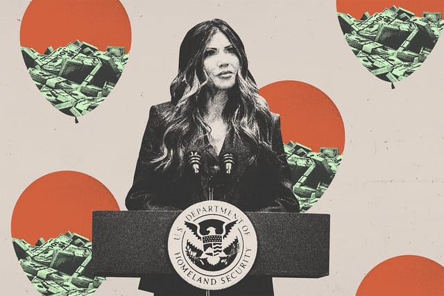 Collage of Department of Homeland Security (DHS) Secretary Kristi Noem standing at a podium with the DHS logo. Behind her, balloons filled with money float away.