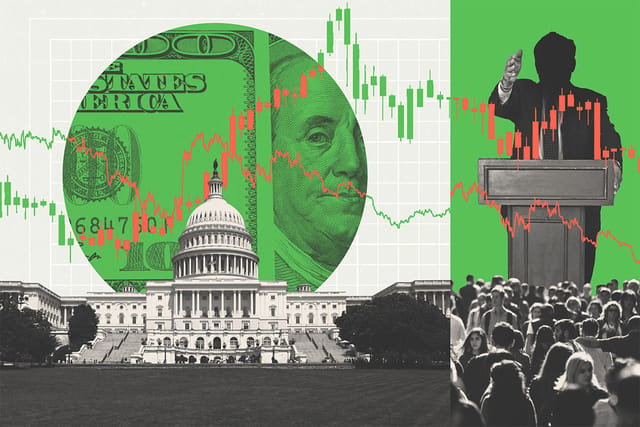 Collage of the U.S. Capitol building, $100 bills, stock lines, a crowd, and a politician's silhouette.