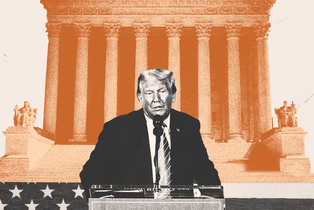 Collage of the Supreme Court building looming behind former President Donald Trump and the U.S. flag.