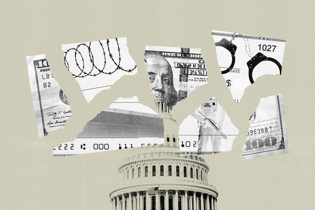A photo collage shows barbed wire, the U.S.-Mexico border wall, a CBP officer holding a gun, and handcuffs incorporated on the pieces of a torn hundred dollar bill and blank check. The dome of the U.S. Capitol building is in the background.
